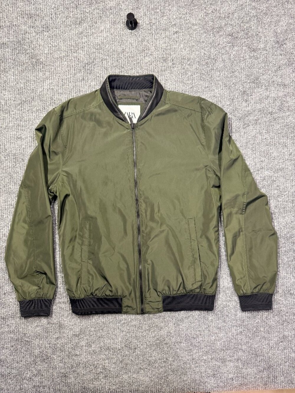 Zara Moto Bomber Jacket In Green, Black Faux Leather Band Collar Size: Large